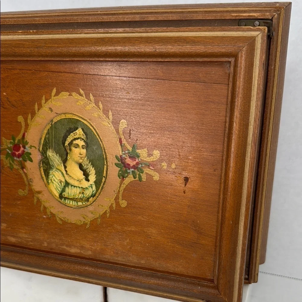 Antique English Victorian Hand Painted Wooden Jewelry Vanity Box